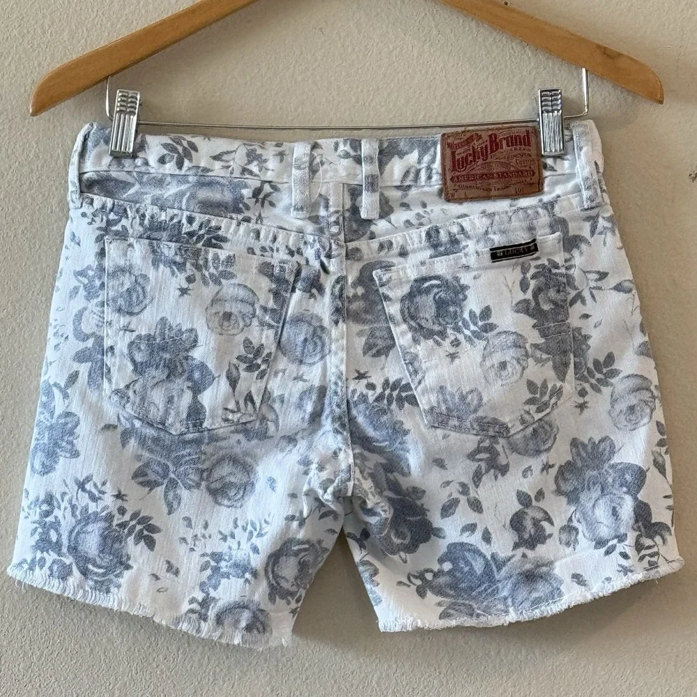 Floral Denim Cutoff Shorts Lucky Brand Garden Abbey Mid Rise White Blue 25